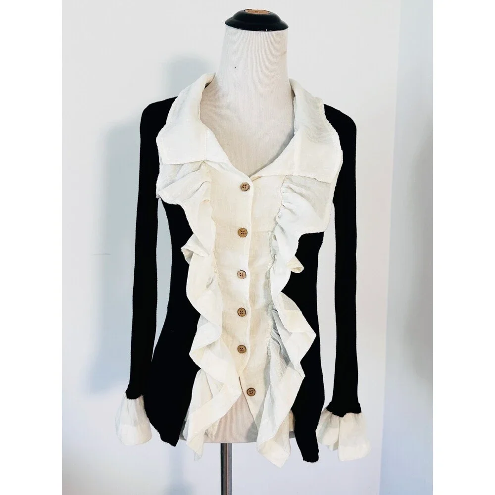 ANTHROPOLOGIE Ruffle Front Cardigan Size S Black Cream Whimsigoth Victorian